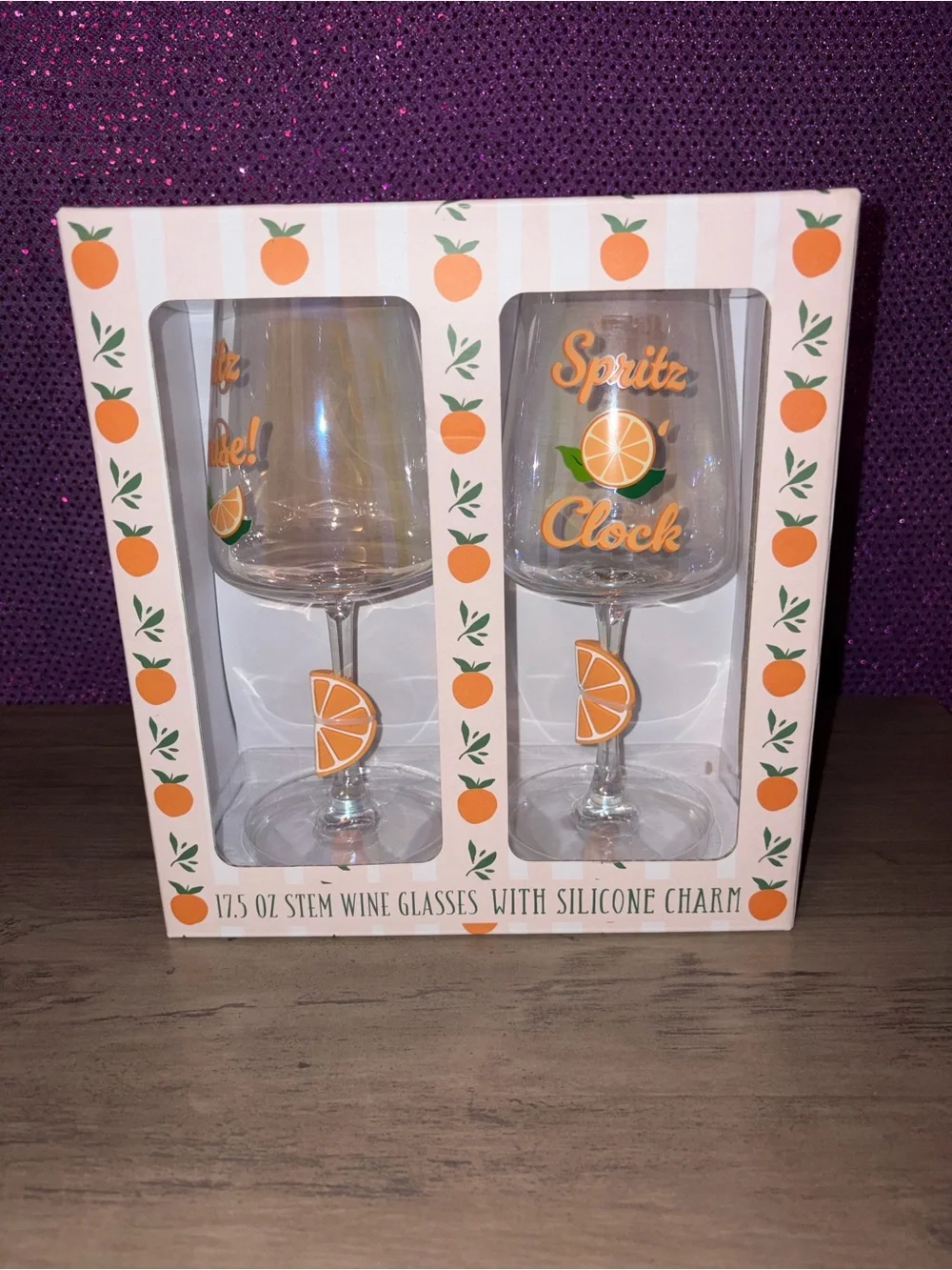 🆕💜 Crystal Lux Studio Spritz Clock Orange Stem Wine Glass Set of 2 NIB